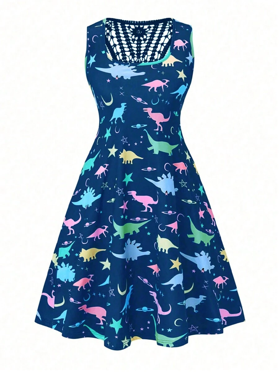 SHEIN LUNE Vestido veraniego sin mangas para mujer de talla grande con cuello cuadrado y estampado floral en toda la prenda - Azul - Ver 1