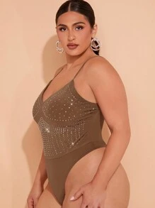 Hauture Rhinestone Studded Cami Bodysuit - Brown - View 6