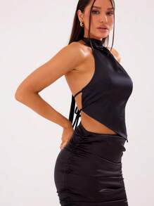 MUSERA Satin High Waisted Side Ruched Midi Skirt Summer Going Out Chic Elegant - Black - View 5