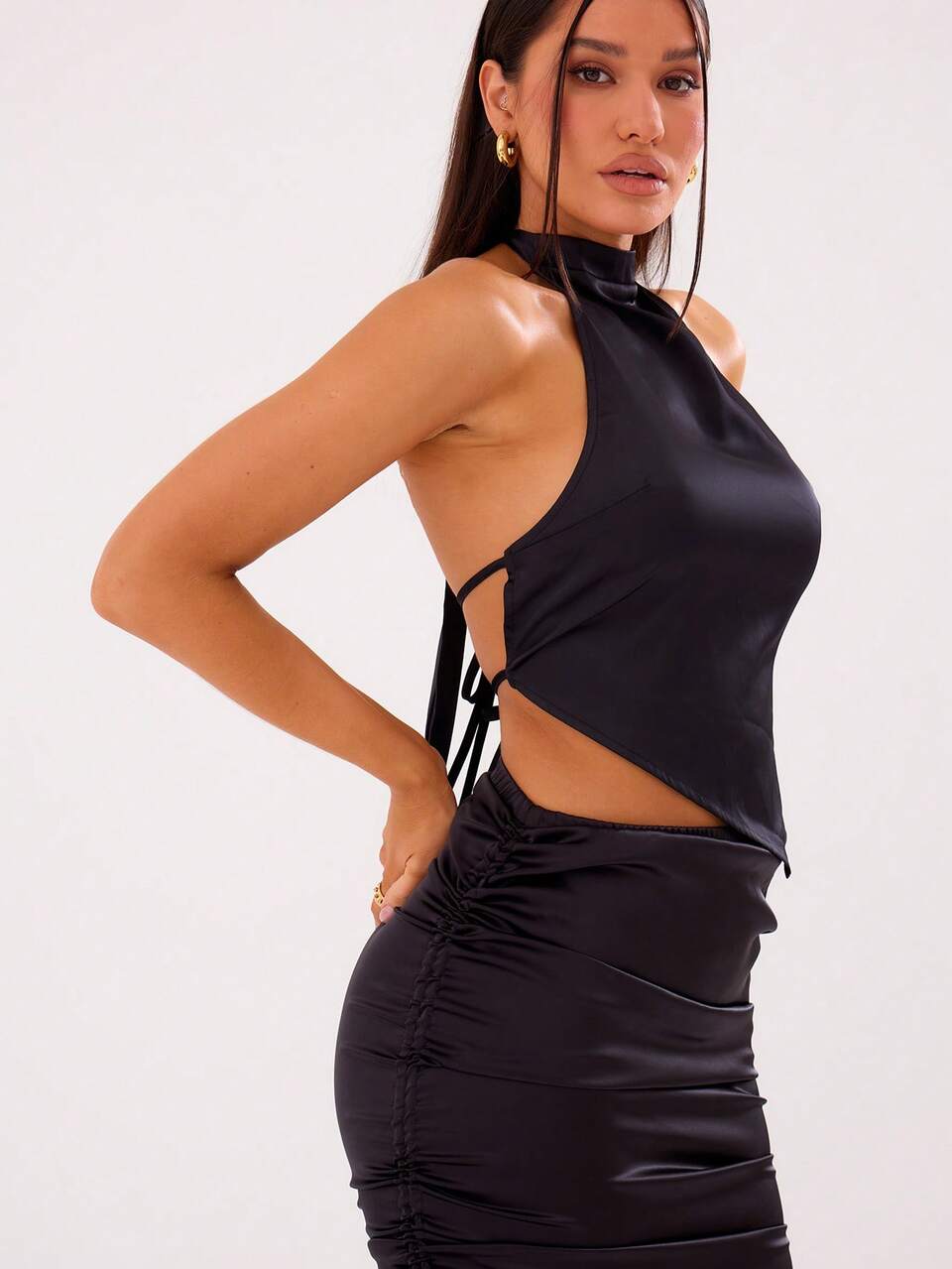 Satin High Waisted Side Ruched Midi Skirt Summer Going Out Chic Elegant