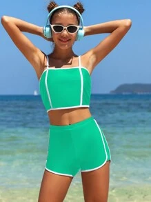 SHEIN Teen Girls' Color Block Fashionable Bikini Set 2 Pieces Bathing Suits For Beach Vacations, Beachwear - Green - View 1