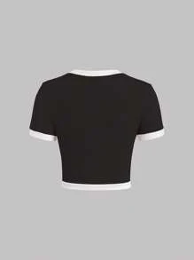 Sweetra Contrast Trim Tie Front Tee Graphic Tees Women Tops