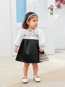 Baby Girls' Autumn Ladylike Lantern Sleeve Embossed Jacquard Black And White Party Dress - Multicolor - View 3
