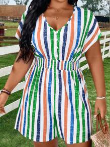 Calvaya Bộ áo liền quần sọc đầy màu sắc cỡ lớn có trang trí nút gỗ ở ngực trước - Nhiều màu - Xem 5