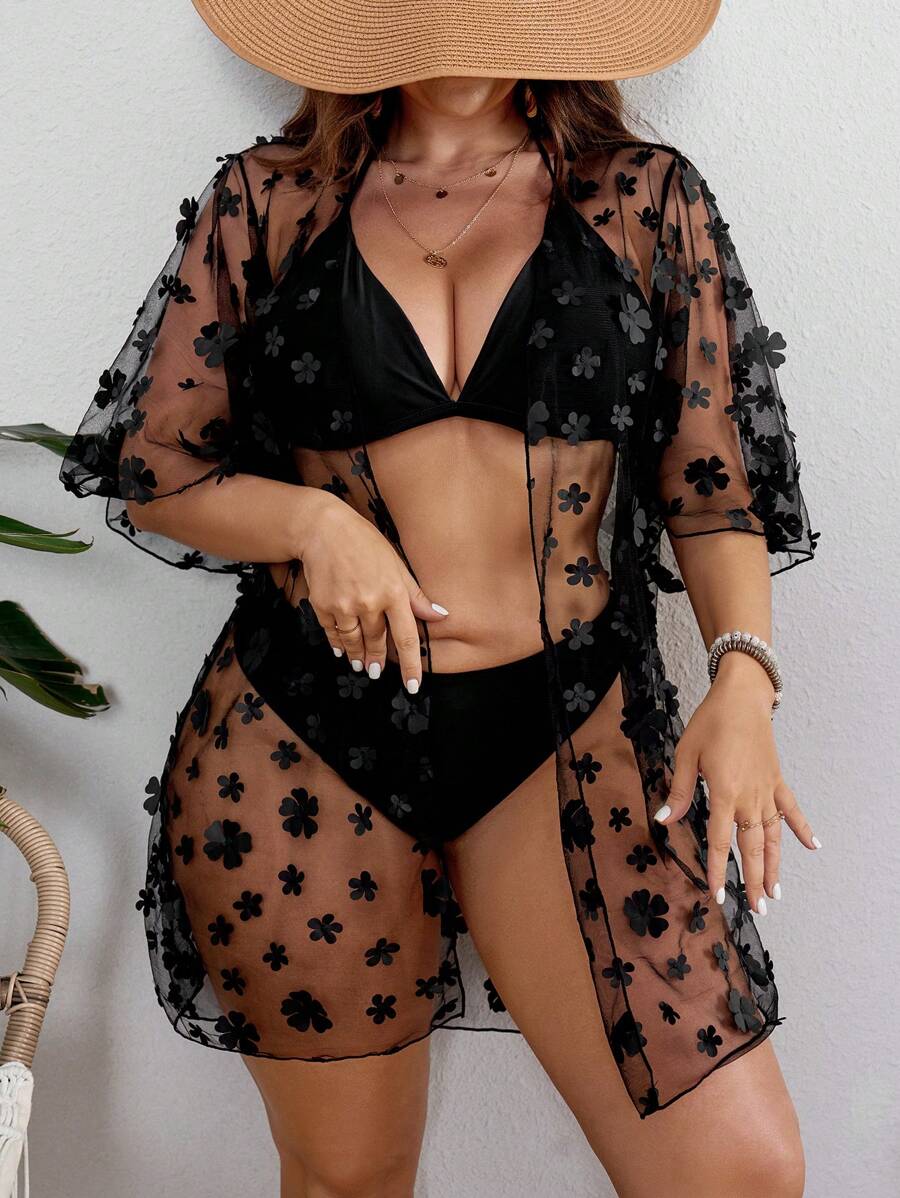 SHEIN Swim Curve Plus Size Women's Floral Mesh Decoration Swimsuit Summer - Black - View 1