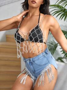 SHEIN BAE 1pc Women's Sxy, Cute, Luxury, Street Style Diamond Inlaid, Tassel Fashion Necklace, Suitable For Casual, Night Club, Party - Silver - View 9