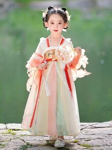 Young Girl Floral Appliques Ruffle Trim Hanfu Dress - Orange - View 3