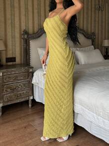 Chiquease Vestido ajustado sin mangas con tirantes espagueti, escote descubierto en la espalda y rizo con dobladillo de volante de malla 3D, para mujer - Verde - Ver 8