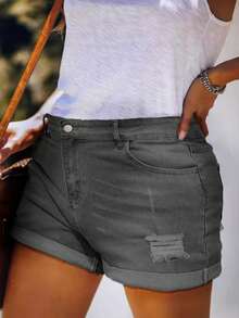女士纯色简约破洞牛仔短裤，休闲日常穿着 - 灰色 - 查看 3