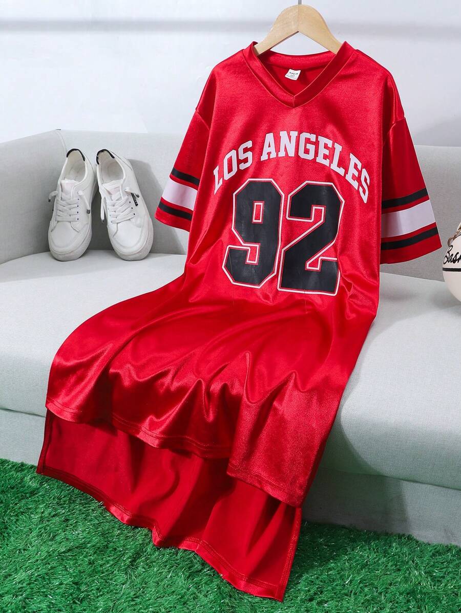 Tween Girl Letter Graphic Ruffle Hem Tissue Dress - Red - View 1