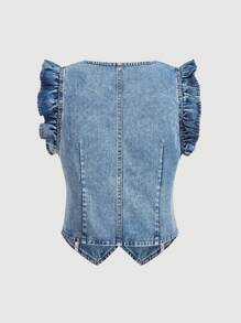SHEIN MOD Áo vest denim giặt nước thông thường mùa hè dành cho nữ có viền xù - Rửa nhẹ - Xem 2