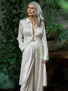 SHEIN LUNE 花卉印花斜口袋褲，適合日常穿著