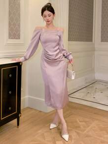 DAZY 女士纯色露肩开衩长袖日常连衣裙舞会礼服、秋季连衣裙 - 淡紫色 - 查看 9