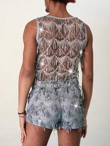 FeverCity 男士閃爍流蘇裝飾無袖背心和短褲套裝，夏季 - 彩色 - 查看 2