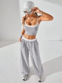 Coolane Conjunto de ropa de calle de primavera/verano para mujer con estilo, parte superior de tirantes finos con diseño de bloques de color + pantalones de color contrastante