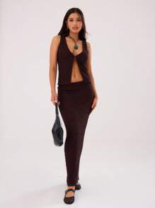 MUSERA Solid Color Maxi Skirt Elegant Summer Sexy  Party - Coffee Brown - View 1
