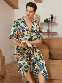 Men's Floral Print V-Neck Belted Short Sleeve Robe - Green - View 4