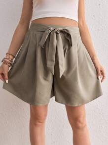 SHEIN 孕婦摺褶腰帶短褲 - 卡其色 - 查看 4