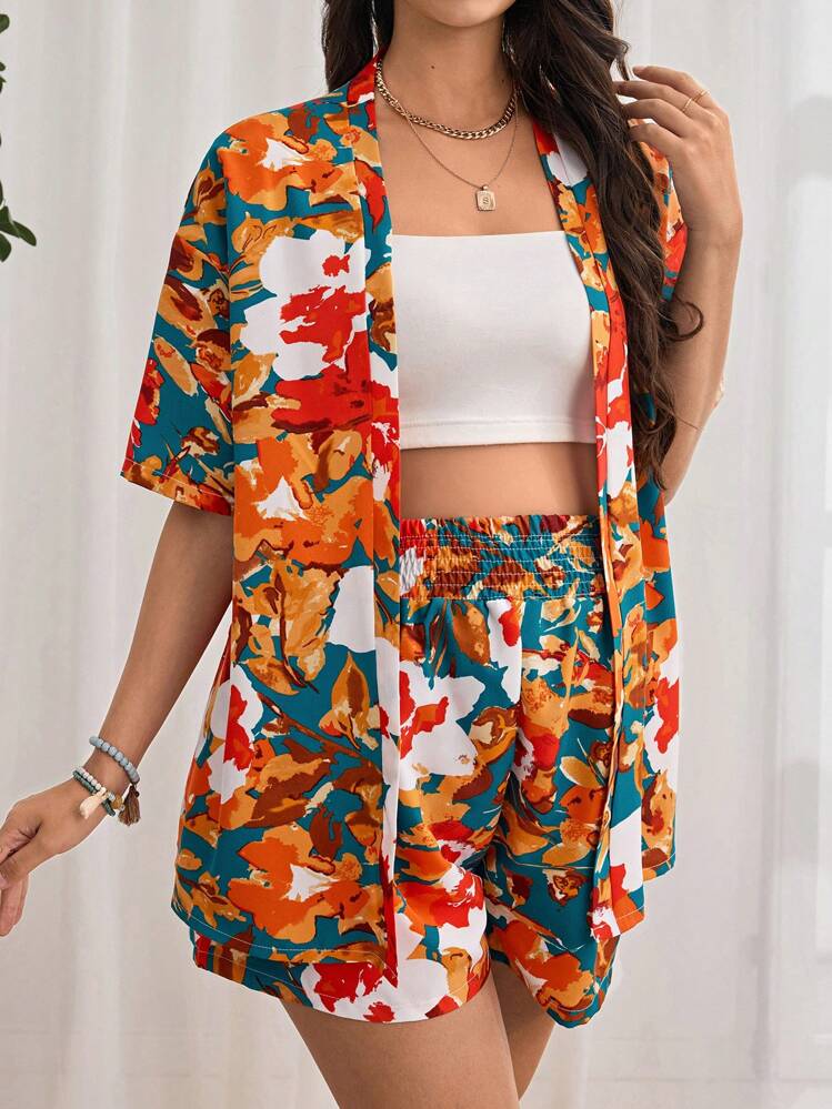 SHEIN 孕妇花卉印花和服和短裤，适合夏季度假 - 橘色 - 查看 3