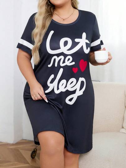 Plus Slogan Graphic Contrast Trim Pajama Nightdress