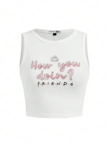 FRIENDS X SHEIN Women's Casual Slogan & Coffee Cup Print White Tank Top, Summer How You Doin
