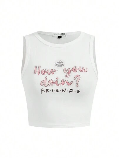 FRIENDS X SHEIN 女士休闲口号和咖啡杯印花白色背心，夏季 How You Doin