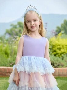 SHEIN Glamorique Kids Girls' Elegant Birthday Party Holiday Puffy Lace Flower Edge Colorful Mesh Dress With Train Cake Skirt, Purple Satin Ribbon & Glitter Sequins Performance Dress For Stage Show