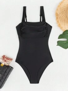 Swim Vcay Women's Solid Color Ruched Black One-Piece Swimsuit For Summer Beach, Swimwear One Piece Bathing Suit