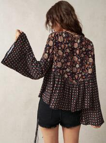 Bohemela Women's Vintage Shirt With Floral Pattern And Tie Front For Pre-Vacation - Multicolor - View 2