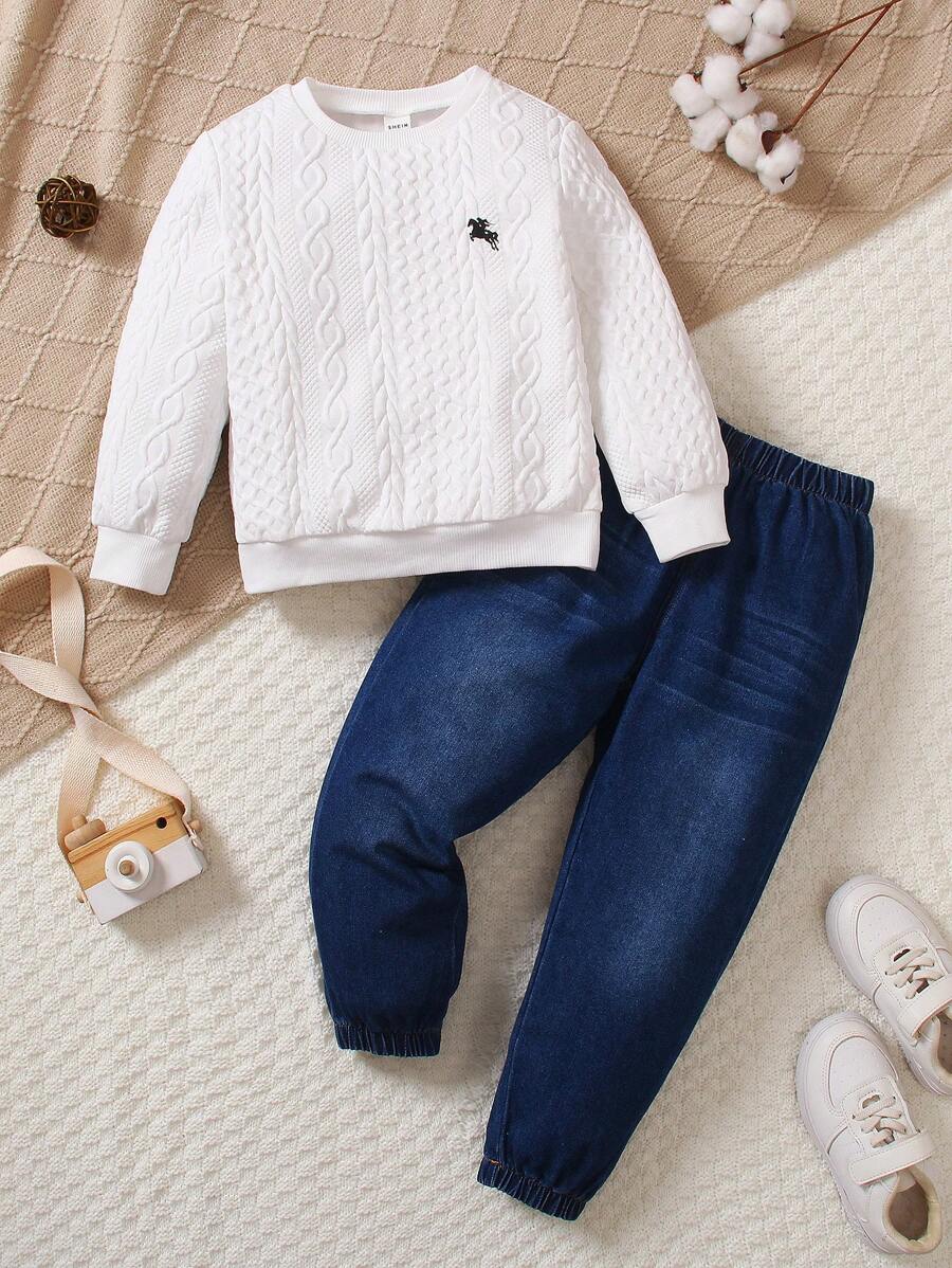 SHEIN Vintaside Kids 2pcs Young Boys Jockey Graphic Print Textured Knit Crew Neck Sweatshirt & Washed Denim Long Pants Outfit, Suitable For Back To School, Autumn/Winter, Halloween, Christmas - White - View 1