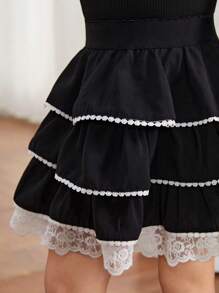 Young Girl Knitted Solid Color Bowknot Top And Woven Mesh Skirt Two Pieces Set - Black - View 4