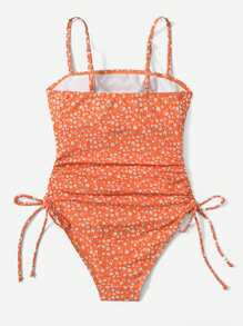 SHEIN Swim Ditsy Floral Drawstring Side One Piece Swimsuit Summer - Orange - View 2