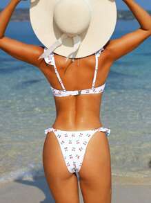 Swim Mod Women's Summer Beach Cherry Print Ruffled Front-Tie Sexy Bikini Set - Multicolor - View 2