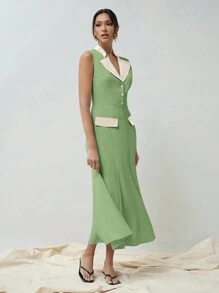 COSMINA 撞色女式礼服，鱼尾立领，连衣领，无袖设计