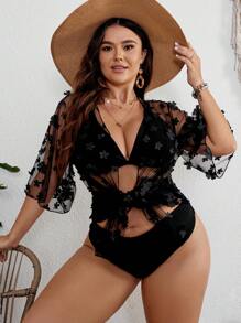 SHEIN Swim Curve Plus Size Women's Floral Mesh Decoration Swimsuit Summer - Black - View 4