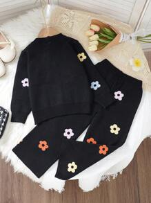 Elladie kids 年轻女孩黑色时尚休闲潮流可爱舒适柔软简约开衫搭配多色花卉图案长袖毛衣和针织阔腿裤套装，2 件套，适合居家穿着，适合日常外出和旅行，也适合秋冬季节，适合外套 - 黑色 - 查看 2