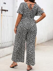 SHEIN LUNE Mono con estampado floral y cintura ceñida para vacaciones y ocio, talla grande, verano