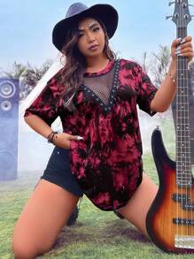 SHEIN MOOSTA 大码女式夏季扎染印花撞色网眼圆领短袖休闲T恤新年衣服图案T恤女式上衣 - 紅色 - 查看 3