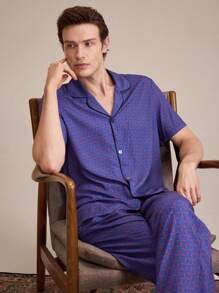 EverLounge Men's Homewear Set, Short Sleeve Button-Up Collared Shirt And Printed Pants With Pockets, Comfortable Pajama - Multicolor - View 1