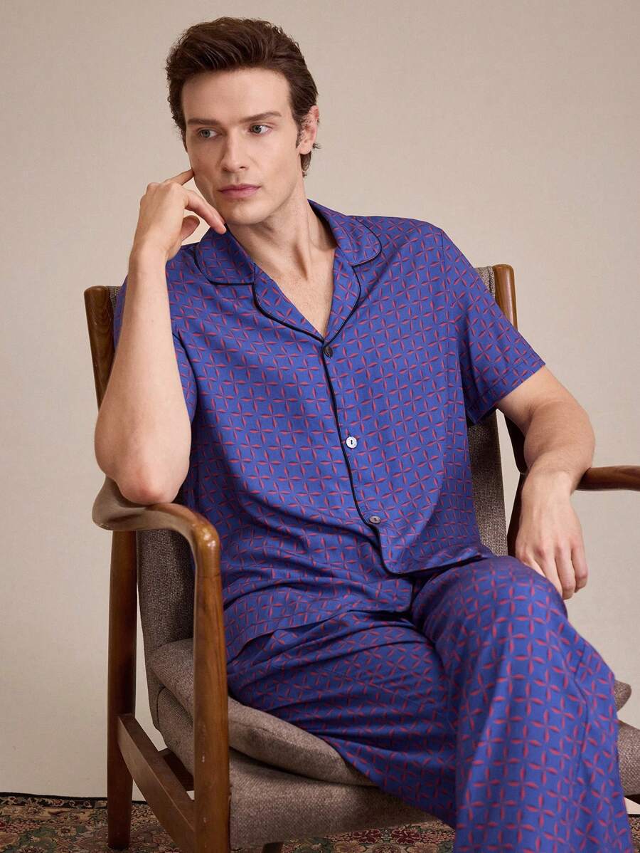 EverLounge Men's Homewear Set, Short Sleeve Button-Up Collared Shirt And Printed Pants With Pockets, Comfortable Pajama - Multicolor - View 1