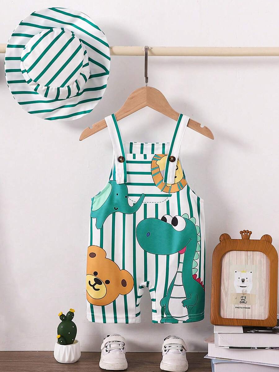 SHEIN Baby Boys' Cartoon Printed Striped Romper And Hat Set - Green - View 1