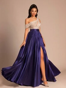 女士新款优雅不对称领亮片开衩正式晚礼服舞会婚礼宾客礼服，适合毕业典礼、晚宴 - 寶藍色 - 查看 7