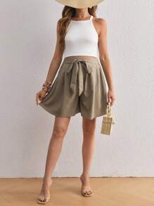 SHEIN 孕婦摺褶腰帶短褲 - 卡其色 - 查看 5