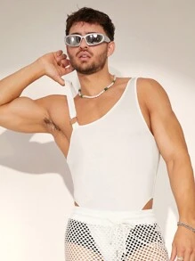 FeverCity Bộ đồ liền thân dệt kim ôm vừa vặn cho nam có một dây đeo vai và thiết kế không tay, phù hợp cho mùa hè - trắng - Xem 4