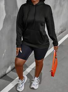 Calvaya Plus Size Slogan Graphic Kangaroo Pocket Drawstring Sweatshirt - Black - View 1