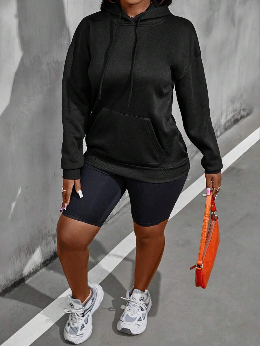 Calvaya Plus Size Slogan Graphic Kangaroo Pocket Drawstring Sweatshirt - Black - View 1