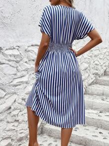 Chiquease Women's Striped Batwing Sleeve Tied Waist Vacation Casual Dress, Slimming - Blue and White - View 2