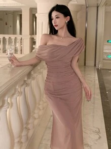 Joudiya Vestido midi de manga corta con cuello asimétrico de unicolor para mujer, vestido de cóctel elegante para el Día de San Valentín