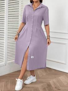 SHEIN LUNE Plus Size Solid Color Single Breasted Textured Fabric Short Sleeve Women's Dress - Mauve Purple - View 4