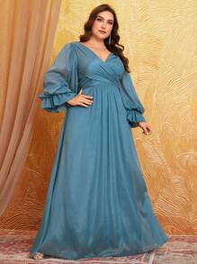 加大码前后 V 领灯笼袖纯色连衣裙，配腰部褶皱，雪丝雪纺，大摆裙，伴娘服 - 霧霾藍 - 查看 4